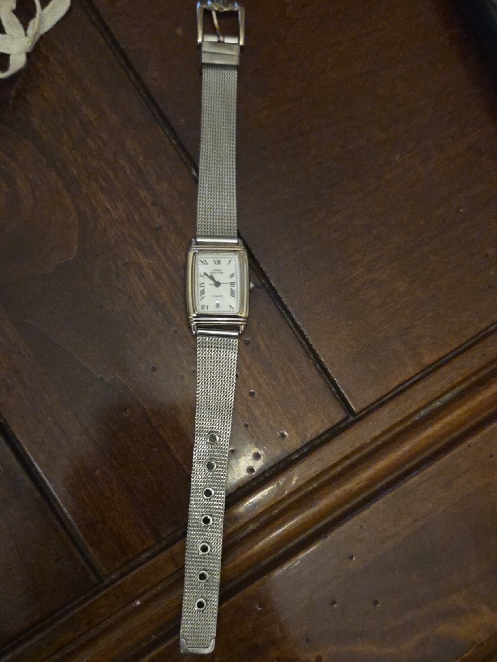Elegant Jones New York Silver Mesh Strap Rectangular Watch